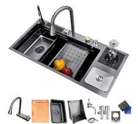 MNUPUOL 33Inch 304 Stainless Single Bowl Kitchen Sinks Drop in/Topmount Smart Sink Waterfall Kitchen Sink with Pull Down Faucet Double Step Workstation with Cup Washer, Trash Can,Black,114 * 46cm