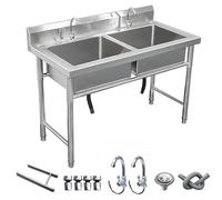 MNUPUOL Double Bowl Kitchen Commercial Sink, Stainless Steel Free Standing Utility Sink Garage Sinks with 2 Hot and Cold Faucet for Restaurant, Hospitals, Shop, Cafe,Outdoor,120 * 70 * 80cm