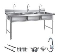 MNUPUOL Free Standing Stainless-Steel Single Bowl Restaurant Kitchen Sink Set W/Hot and Cold Water Faucets Commercial Utility Sink,Commerical, Outdoor, Garage, Laundry Room Use,Triple Sink,175 * 60
