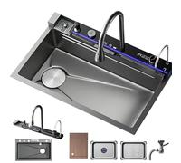 MNUPUOL Kitchen Sink 304 Stainless Single Bowl Sinks Double Waterfall Sink with LED Display,with Pull-Down Faucet Cup Washer,Flying Rain Waterfall Dispenser,Worktop Controller, Etc.,68 * 45 * 22cm