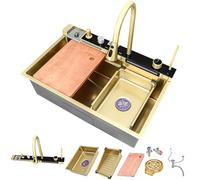 MNUPUOL Kitchen Sink Double Waterfall Sink with LED Display with Cup Washer Flying Rain Waterfall Dispenser,- Drop in Workstation, 304 Stainless Steel Smart Sink Nano Coating,Gold,80 * 46 * 22cm