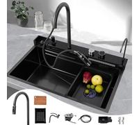 MNUPUOL Kitchen Sinks 304 Stainless Steel Single Bowl Kitchen Sinks Waterfall Sink - Drop in Workstation and Faucets Combo Set with Cup Washers Water Purifying Faucet,Black,75 * 45cm