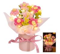 Mnuwoee Crochet Flower Bouquet Knitted Flowers with String Lights in Box | Pink Hand Crochet Flowers Foliage & Warm LED Glow for Her Graduation Home Decor Anniversary Wedding Birthday Mother's Day
