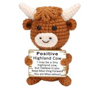 Mnuwoee Positive Crochet Animals, Emotional Support Crochet Highland Cow | Cute Highland Cow Crochet Animals with Message,Portable Positivity Gifts for Friends Women Birthday Christmas Desk Decor