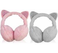 MNVD Women's Cat Ear Muffs - Adjustable Headband Winter Ear Warmer Cover - Super Soft Furry Plush Knitted Earmuffs - Grey