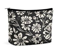 MNVTSKOP Black And White Floral Print Cosmetic Bag Large Capacity Travel Makeup Bag Trendy Portable Toiletry Bag for Women
