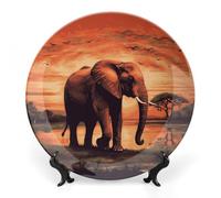 MNVTSKOP Bone China Decorative Plate Sunset Elephant Ceramic Decorative Plates With Display Stand Ceramic Ornament Plates Round Dinner Plates Porcelain Display Dishes 10inch