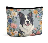 MNVTSKOP Border Collie Florals Cosmetic Bag Large Capacity Travel Makeup Bag Trendy Portable Toiletry Bag for Women