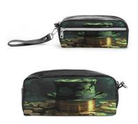 MNVTSKOP Green Hat And Gold Coins Makeup Bag Small Cosmetic Travel Case Portable Stationery Organizer for Women Teacher