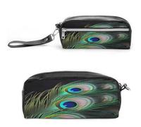 MNVTSKOP Green Peacock Feather Makeup Bag Small Cosmetic Travel Case Portable Stationery Organizer for Women Teacher