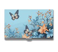 MNVTSKOP Metal Business Card Holder Slim Business Card Case Purse Name Cards Holders Blue Butterfly Floral Professional Businesses Cards Organizer Credit Carrier for Men Women