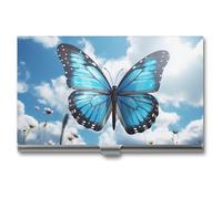 MNVTSKOP Metal Business Card Holder Slim Business Card Case Purse Name Cards Holders Blue Butterfly And Clouds Professional Businesses Cards Organizer Credit Carrier for Men Women, Blue Butterfly And