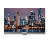 MNVTSKOP Metal Business Card Holder Slim Business Card Case Purse Name Cards Holders City Picture Night Professional Businesses Cards Organizer Credit Carrier for Men Women, City Picture Night, 3.7 ×