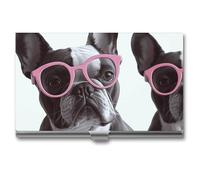 MNVTSKOP Metal Business Card Holder Slim Business Card Case Purse Name Cards Holders French Bulldog Pink Glasses Professional Businesses Cards Organizer Credit Carrier for Men Women, French Bulldog
