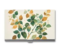 MNVTSKOP Metal Business Card Holder Slim Business Card Case Purse Name Cards Holders Golden Green Plant Branches Professional Businesses Cards Organizer Credit Carrier for Men Women