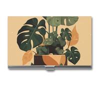 MNVTSKOP Metal Business Card Holder Slim Business Card Case Purse Name Cards Holders Gray Monstera Plant Professional Businesses Cards Organizer Credit Carrier for Men Women, Gray Monstera Plant, 3.7