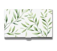 MNVTSKOP Metal Business Card Holder Slim Business Card Case Purse Name Cards Holders Green Leaves Professional Businesses Cards Organizer Credit Carrier for Men Women