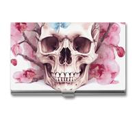 MNVTSKOP Metal Business Card Holder Slim Business Card Case Purse Name Cards Holders Human Skull Pink Flowers Professional Businesses Cards Organizer Credit Carrier for Men Women, Human Skull Pink