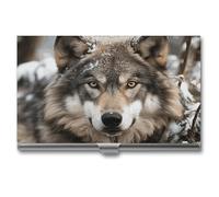 MNVTSKOP Metal Business Card Holder Slim Business Card Case Purse Name Cards Holders Lmage of Wolf in The Snow Professional Businesses Cards Organizer Credit Carrier for Men Women, Lmage of Wolf in