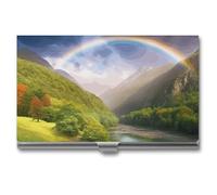 MNVTSKOP Metal Business Card Holder Slim Business Card Case Purse Name Cards Holders Mountain Valley with Rainbow Professional Businesses Cards Organizer Credit Carrier for Men Women, Mountain Valley