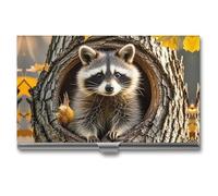 MNVTSKOP Metal Business Card Holder Slim Business Card Case Purse Name Cards Holders Raccoon in The Fall Tree Hole Professional Businesses Cards Organizer Credit Carrier for Men Women, Raccoon in The