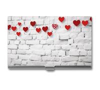 MNVTSKOP Metal Business Card Holder Slim Business Card Case Purse Name Cards Holders Red Hearts on White Brick Wall Professional Businesses Cards Organizer Credit Carrier for Men Women, Red Hearts on