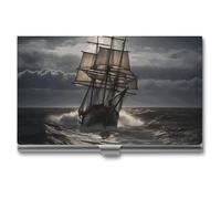 MNVTSKOP Metal Business Card Holder Slim Business Card Case Purse Name Cards Holders Sailing Ship in Storm Professional Businesses Cards Organizer Credit Carrier for Men Women, Sailing Ship in Storm