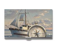 MNVTSKOP Metal Business Card Holder Slim Business Card Case Purse Name Cards Holders Ship And Compass Professional Businesses Cards Organizer Credit Carrier for Men Women, Ship And Compass, 3.7 × 2.2
