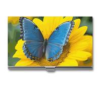 MNVTSKOP Metal Business Card Holder Slim Business Card Case Purse Name Cards Holders Sunflower Blue Butterfly Professional Businesses Cards Organizer Credit Carrier for Men Women