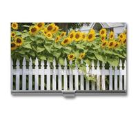 MNVTSKOP Metal Business Card Holder Slim Business Card Case Purse Name Cards Holders Sunflowers White Picket Fence Professional Businesses Cards Organizer Credit Carrier for Men Women, Sunflowers