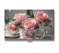 MNVTSKOP Metal Business Card Holder Slim Business Card Case Purse Name Cards Holders Tea Cups with Roses Romantic Shabby Professional Businesses Cards Organizer Credit Carrier for Men Women, Tea Cups