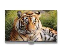 MNVTSKOP Metal Business Card Holder Slim Business Card Case Purse Name Cards Holders Tiger Laying on The Grass Professional Businesses Cards Organizer Credit Carrier for Men Women, Tiger Laying on The