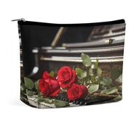 MNVTSKOP Red Rose on Piano Cosmetic Bag Large Capacity Travel Makeup Bag Trendy Portable Toiletry Bag for Women