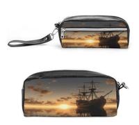 MNVTSKOP Ship in The Lake Sunset Makeup Bag Small Cosmetic Travel Case Portable Stationery Organizer for Women Teacher