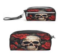 MNVTSKOP Skull Rose-Red Makeup Bag Small Cosmetic Travel Case Portable Stationery Organizer for Women Teacher