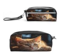 MNVTSKOP Small Orange Cat Makeup Bag Small Cosmetic Travel Case Portable Stationery Organizer for Women Teacher