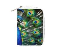 MNVTSKOP Soft Leather Credit Card Holder Bank Card Case Blue Peacock Business Cards Case Purse with 20 Card Slots ID Case Organizer Zipper Wallet for Women Men, Blue Peacock, 3.15 × 4.5 inches, Casual