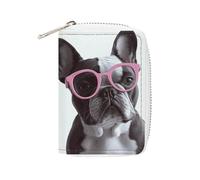 MNVTSKOP Soft Leather Credit Card Holder Bank Card Case French Bulldog Pink Glasses Business Cards Case Purse with 20 Card Slots ID Case Organizer Zipper Wallet for Women Men, French Bulldog Pink