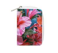 MNVTSKOP Soft Leather Credit Card Holder Bank Card Case Pink Flower Tropical Plant Business Cards Case Purse with 20 Card Slots ID Case Organizer Zipper Wallet for Women Men, Pink Flower Tropical