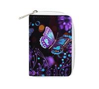 MNVTSKOP Soft Leather Credit Card Holder Bank Card Case Purple Butterfly And Flowers Business Cards Case Purse with 20 Card Slots ID Case Organizer Zipper Wallet for Women Men, Purple Butterfly And