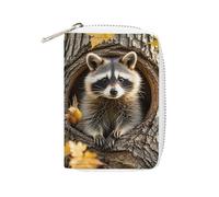MNVTSKOP Soft Leather Credit Card Holder Bank Card Case Raccoon in The Fall Tree Hole Business Cards Case Purse with 20 Card Slots ID Case Organizer Zipper Wallet for Women Men, Raccoon in The Fall