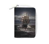 MNVTSKOP Soft Leather Credit Card Holder Bank Card Case Sailing Ship in Storm Business Cards Case Purse with 20 Card Slots ID Case Organizer Zipper Wallet for Women Men, Sailing Ship in Storm, 3.15 ×