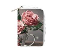 MNVTSKOP Soft Leather Credit Card Holder Bank Card Case Tea Cups with Roses Romantic Shabby Business Cards Case Purse with 20 Card Slots ID Case Organizer Zipper Wallet for Women Men, Tea Cups with