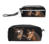 MNVTSKOP Two Horses Standing on Black Background Makeup Bag Small Cosmetic Travel Case Portable Stationery Organizer for Women Teacher