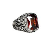 Mnyixsi Fashion Sterling Silver Cubic Zirconia Diamond Ring for Men Handmade Carved Dainty Red Cubic Zirconia Stone Gift Red Square Crystal Jewelry Birthstone, Size 11, Sterling Silver, Cubic Zirconia