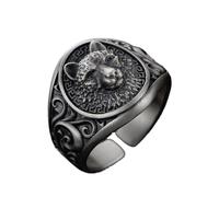 Mnyixsi Vintage 925 Sterling Silver Wolf's Head Open Ring for Men, Classic Viking Nordic Wolf Head Totem Ring, Handmade Carved Animal Jewelry Gift for Birthday Theme Party Halloween