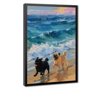 Mnyuein Two Pugs Beach Painting, Happy Coastal Dog Decor Canvas Poster | 12"L x 18"W, Black Frame-style, Multiple sizes, Multiple frame styles, Wall Art Print, for Living Room Decor