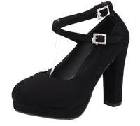 Mo Joc Mary Jane Chunky Heel Shoes | 10.5cm Heel & 2cm Platform | Slip-Resistant Sole | Round Toe & Cross Strap | for Parties, Daily Wear Black