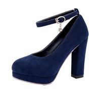 Mo Joc Mary Jane Platform Pumps | 10.5cm Chunky Heel & 2cm Platform | Slip-Resistant Outsole | Single Strap with Accent | for Daily & Social Events Blue