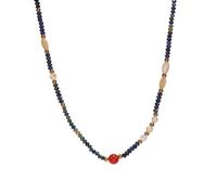 Mo Joc Modern Oriental Style Lapis Lazuli Beaded Necklace - Geometric Design Stainless Steel Chain Collar Necklace, Suitable for Vacation